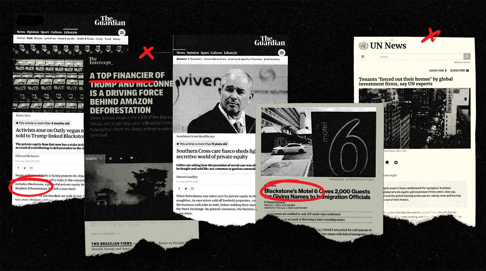 A collage of news headlines and articles showing Blackstone's checkered past.